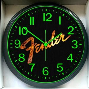 Fender Black Wall Clock with Neon Green Numerals and Gold Fender Script